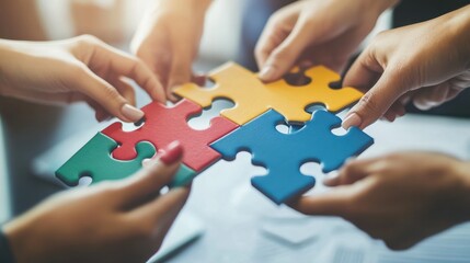 A team is assembling a jigsaw puzzle, each piece representing a different aspect of their business vision and goals, the teamwork concept