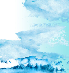 Watercolor drawing with a mountain landscape. The peak of the mountain, forest, pine. Watercolor hill, hillock.Summer, autumn landscape.Abstract paint splash. Island by the sea. mountain and greenery