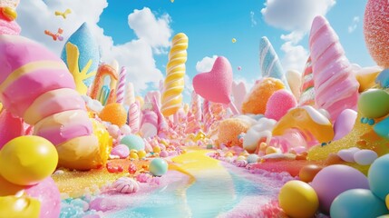 Whimsical 3D render of a magical candy land