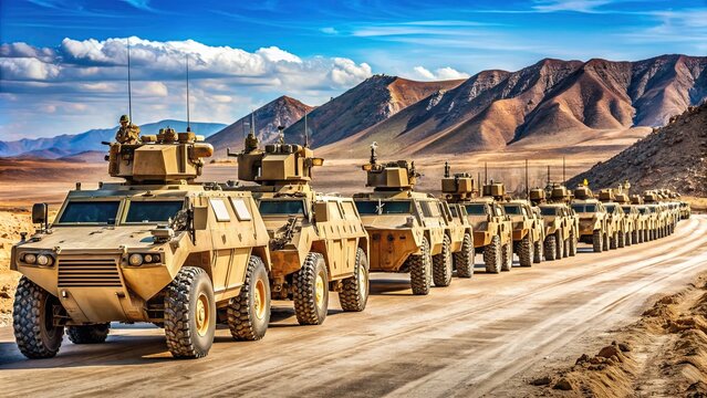 Armored tanks and trucks lined up in a row on a barren desert landscape, ready for deployment in a military operation or training exercise.