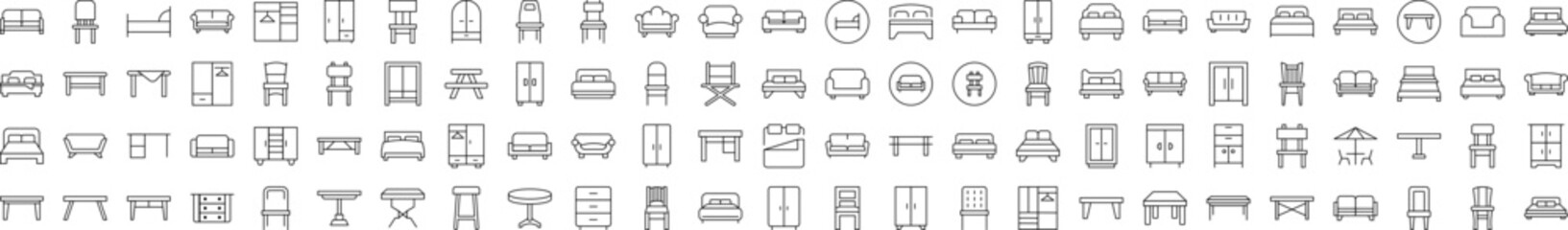 Couch, Sofa, Table, Chair Line Icon Collection. Editable Stroke. Minimalistic Linear Pictogram for Design of Cards, Apps, Banners, Posts