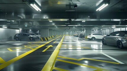 Modern cars are displayed in a closed underground parking lot; yellow markings add to the scene's appeal.