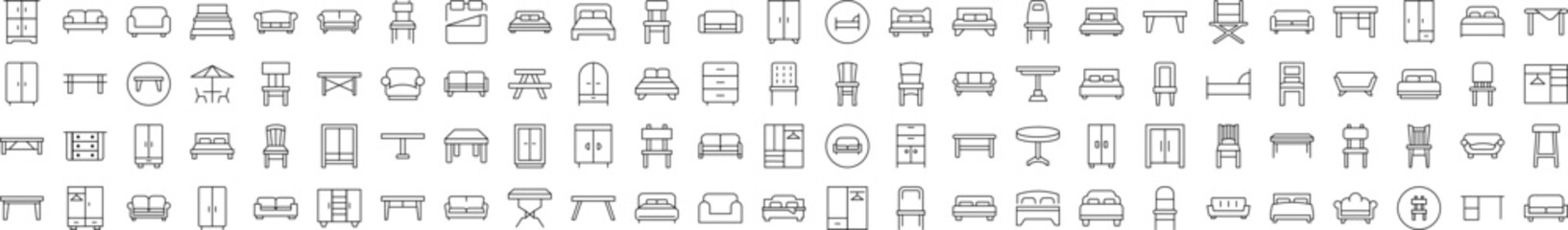 Pack of Line Icons of Couch, Sofa, Table, Chair. Editable Stroke. Minimalistic Linear Pictogram for Design of Cards, Apps, Banners, Posts