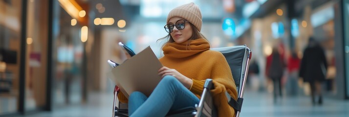 Elegant Black Friday shopping scene showcasing adaptive technology, such as wheelchair accessible facilities and assistive devices.