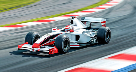 A white racing car is speeding around a track. The driver is wearing a red helmet. The car is moving and going very fast.