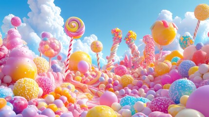 Whimsical 3D render of magical candy land for kids
