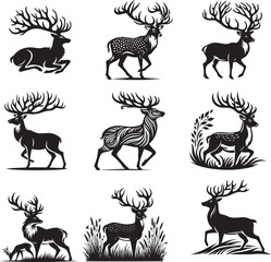 A black and white deer silhouette design collection