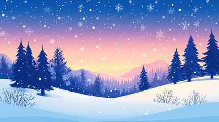 Obraz premium Cozy Christmas vector background with a winter landscape, snowflakes, pine trees, and a starry night sky. Warm, festive colors and traditional holiday elements