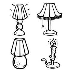Set of lamps for bedside table hand drawn doodle. Night lighting. Lamp, candle. Time to sleep. Vector outline line art illustration.