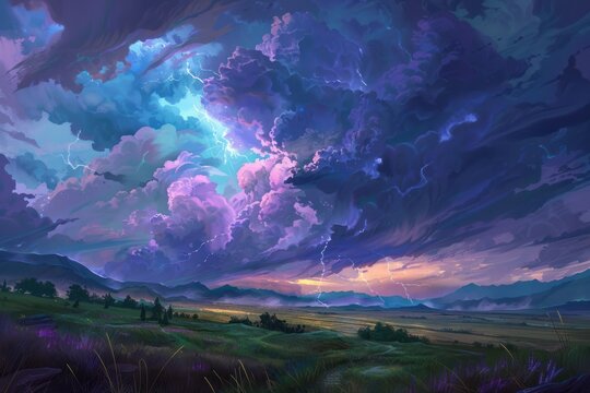 Vibrant Thunderstorm over Twilight Plains - A mesmerizing thunderstorm with vibrant clouds and lightning illuminates the twilight sky over rolling plains and distant mountains.