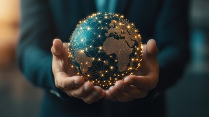 Businessman holding digital globe with connected dots, global network and technology concept, close-up of hands, international connections, modern business