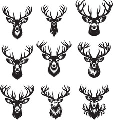 A black and white deer head silhouette design collection