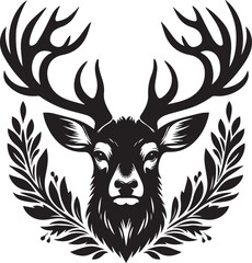 A black and white deer head silhouette design
