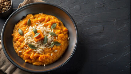 Fototapeta premium Creamy Pumpkin Risotto Close-up in Black Bowl with Herbs and Seeds
