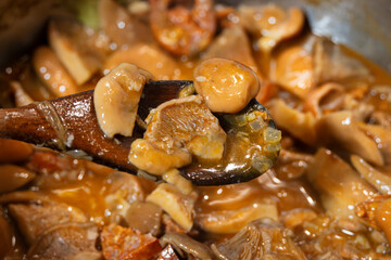 Traditional orange mushroom stew with wooden instruments