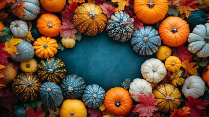 Assorted fall gourds and squashes flat lay, wide banner, background, Thanksgiving