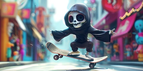 adorable kawaii grim reaper, skateboarding