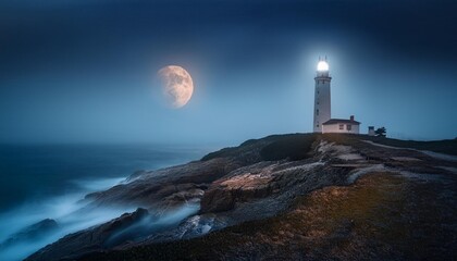 Faro en la noche cerrada, con la luna de fondo