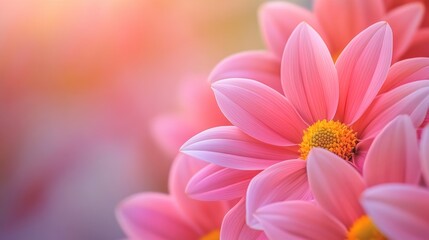 A close up of a bunch of pink flowers with yellow centers, AI