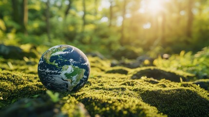 Green planet earth on moss in sunlight with a green forest background for environment and ecology concept, sustainable development, global warming or climate change idea.