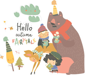 Happy kids reading book and drinking tea with woodland animals