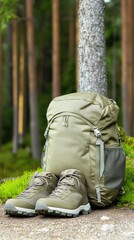 Fototapeta premium The backpack and hiking boots sit on the forest ground, complemented by lush trees and glowing natural light reflecting a serene outdoor adventure