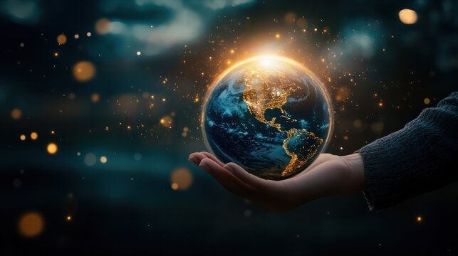man hand holding night earth with global network communication technology including earth crptocurrency, blockchain, iot, 5g Earth day energy for envirionment Elements of this image furnished