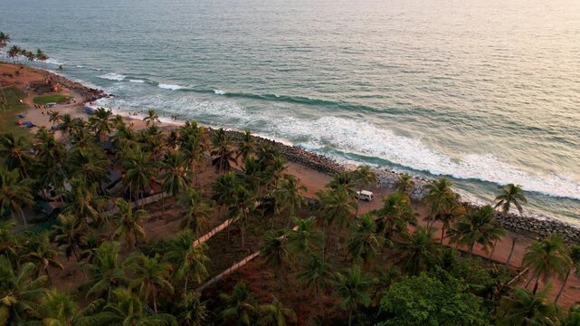 Aerial view of Coastline of exotic tropical beach. Varkala beach, Kerala, India