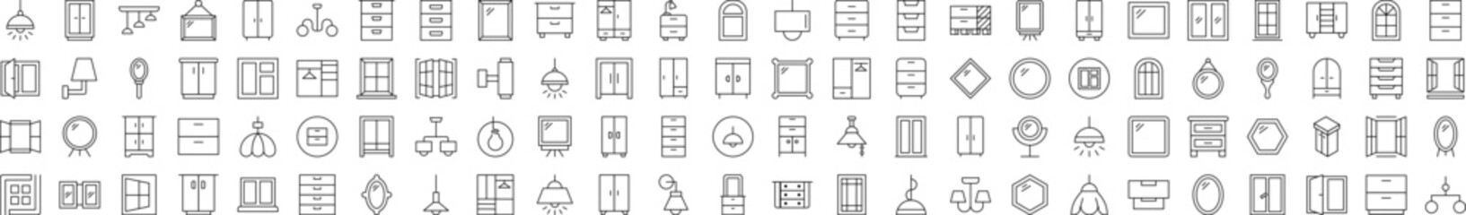 Window, Lamp, Mirror, Dresser, Chandelier Collection of Thin Icons. Editable Stroke. Suitable for Web Sites, Books, Cards, Apps