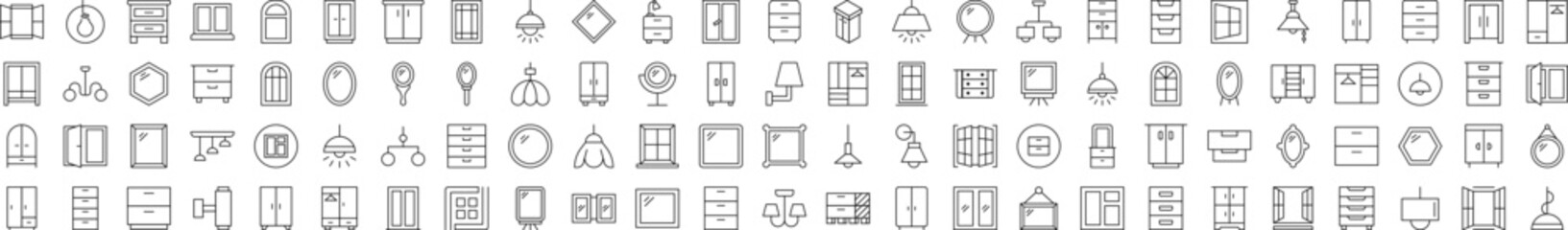 Window, Lamp, Mirror, Dresser, Chandelier Set of Thin Icons. Editable Stroke. Suitable for Web Sites, Books, Cards, Apps