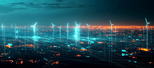 A futuristic cityscape at night showcases a blend of sustainable energy and advanced technology. Generative AI.