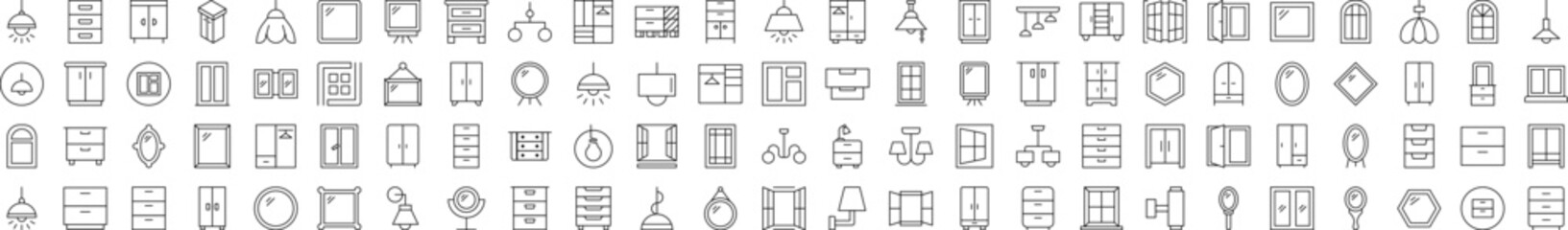 Window, Lamp, Mirror, Dresser, Chandelier Related Line Icons for Web Sites, Books, Cards, Apps. Editable Stroke. Suitable for Web Sites, Books, Cards, Apps