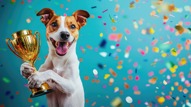 dog holding a gold trophy with colorful confetti in the background, celebrating a win. Dog competition