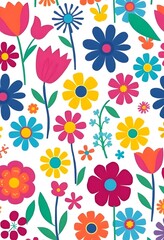 Colorful floral pattern illostration with various bright flowers including daisies, sunflowers, and other abstract flower shapes in shades of red, orange, yellow, and pink on a white background