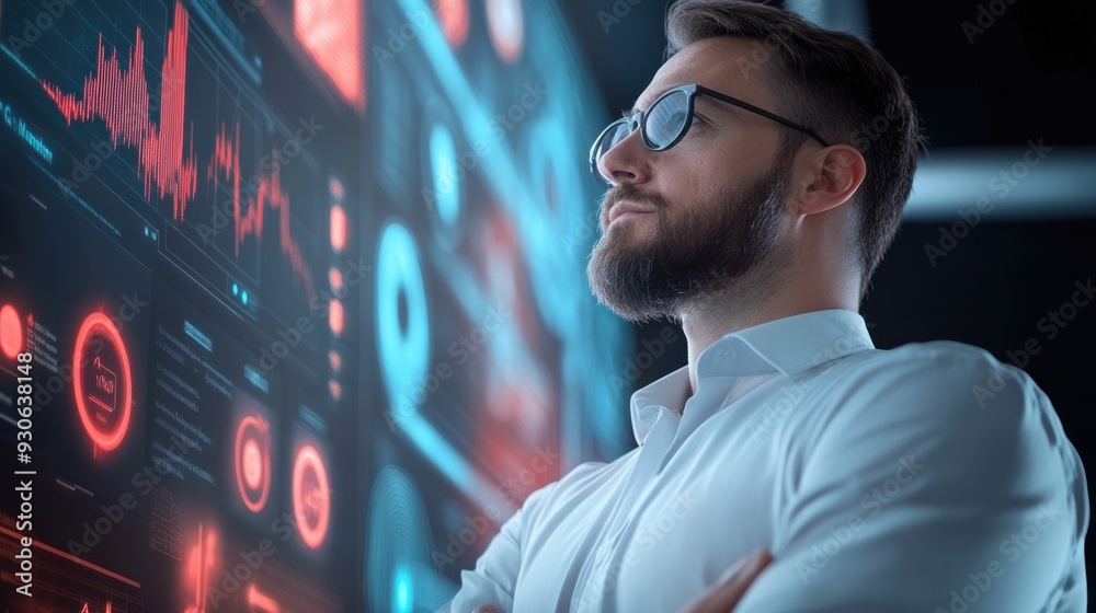 Poster a man with glasses standing in front of a screen, ai