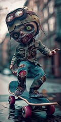 adorable kawaii zombie, skateboarding