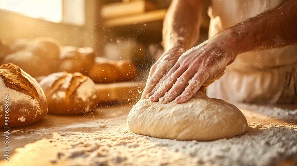 Wall mural a baker kneads dough as golden loaves rise, filling the air with the aroma of fresh bread.