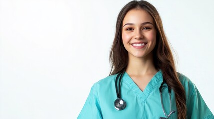 Smiling young woman, graduate student medical therapist or pediatrician, standing in a medical gown with a stethoscope on her shoulders on a white isolated background.