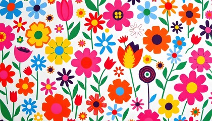 Colorful floral pattern illostration with various bright flowers including daisies, sunflowers, and other abstract flower shapes in shades of red, orange, yellow, and pink on a white background