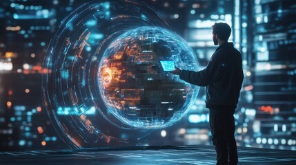 Tablet hologram, global network, or man with digital earth communication or global networking analysis. Future night, holographic planet ui, or overtime media network worker