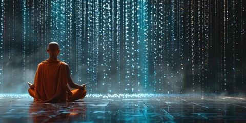 Obraz premium buddhist monk meditating, digital data raining in background, 