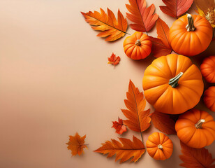 Fototapeta premium orange pumpkins autumn leaves beige background