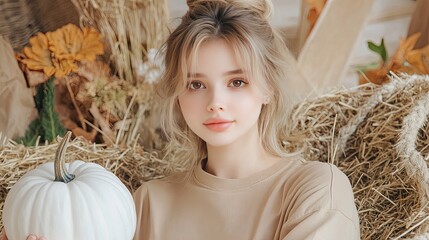 Naklejka premium A woman in an orange t-shirt sits on hay, smiling brightly while holding a white pumpkin, embodying the essence of autumn in a rural atmosphere