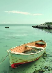 Obraz premium A small boat is sitting in the water near the shore. The water is calm and the sky is clear. The boat is old and rusted, but it still looks like it's in good condition. The scene is peaceful