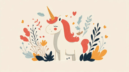 Fototapeta premium unicorn surrounded by a few simple leaf shapes or branches, set against a neutral background 