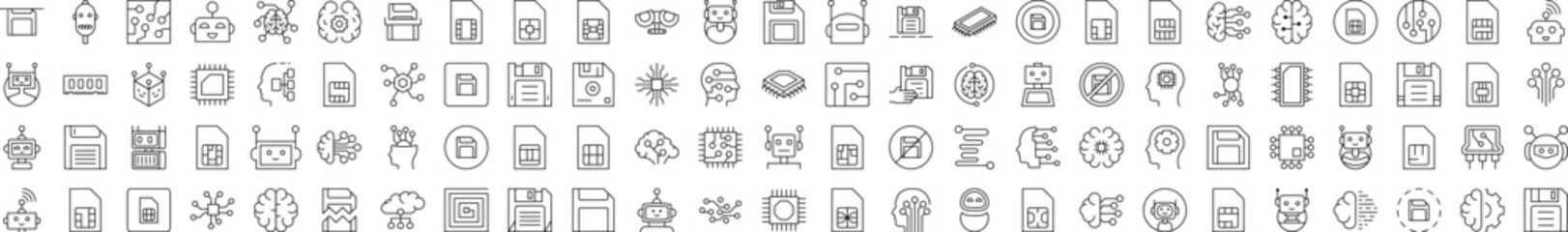 Technology Icon Set. Contains Icons of Brain, Chip, Robot, Artificial Intelligence that Can Be Used for Design of Cards, Posts, Apps, Web Sites
