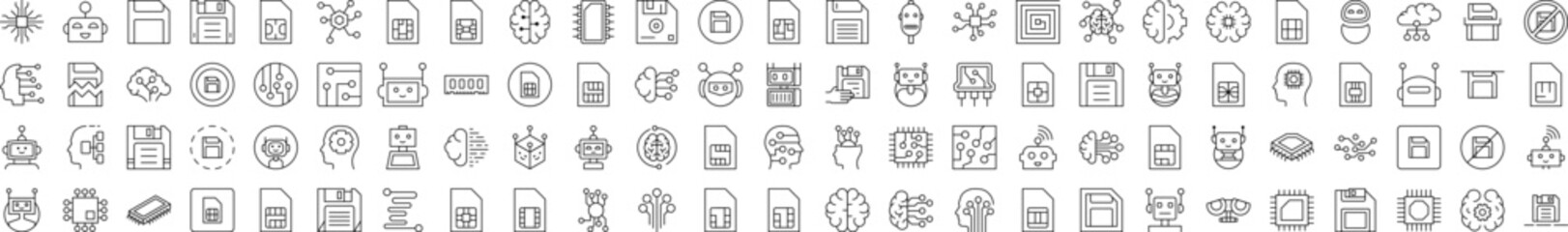 Technology Minimalistic Linear Illustrations of Brain, Chip, Robot, Artificial Intelligence. Contains Icons of Brain, Chip, Robot, Artificial Intelligence that Can Be Used for Design of Cards, Posts