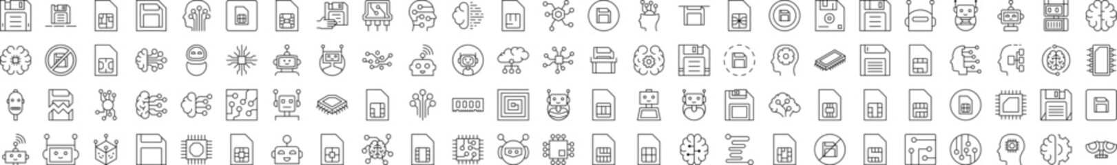 Technology Outline Simple Icons Bundle. Contains Icons of Brain, Chip, Robot, Artificial Intelligence that Can Be Used for Design of Cards, Posts, Apps, Web Sites