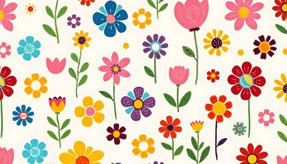 Illustration of Colorful floral pattern with various flowers including tulips, daisies, and abstract shapes in bright colors on a white background
