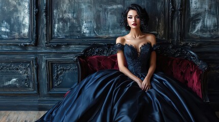 A woman sitting on a sofa, wearing an elegant, large dark ball gown. The luxurious gown contrasts beautifully with the sofa, creating a refined and sophisticated scene